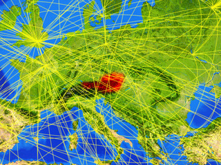 Austria from space on model of planet Earth with networks. Detailed planet surface with city lights.