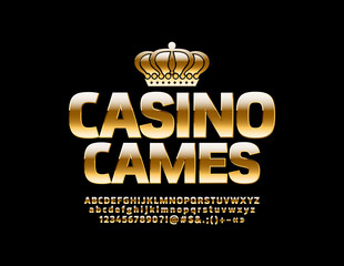 Vector royal Casino Games Emblem with Crown. Luxury Glossy Font. Golden Alphabet Letters, Numbers and Symbols.