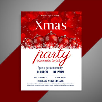 christmas party flyer with red balls and copyspace