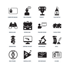 Set Of 16 icons such as ID Card, New message, Musical note, DNA strand, Quill, Computer Mouse, Binoculars, Graduation ceremony, Teacher giving lecture icon