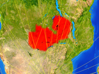 Zambia from space on model of planet Earth with networks. Detailed planet surface with city lights.