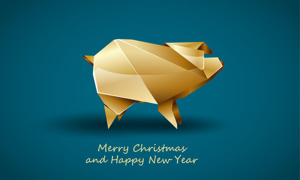 Golden Pig as a Symbol of Chinese New Year. Vector Polygonal Pig on Soft Blue Background as Invitation Template for New Year Party.