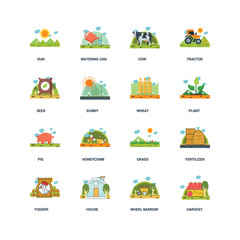 Set Of 16 icons such as Harvest, Wheel barrow, house, Fodder, Fertilizer, Sun, Seed, Pig, Wheat icon