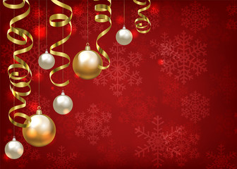Christmas baubles and golden serpentine streamers on red background. Christmas card