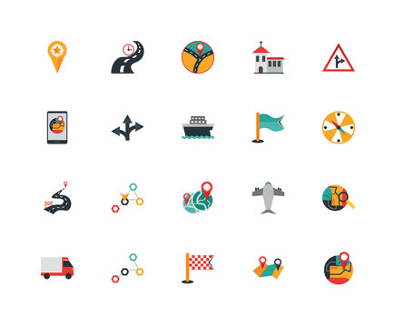Set Of 20 icons such as Gps, Route, Finish, Delivery truck, Traffic, Flag, Detour, icon pack