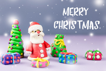 Merry Christmas greeting card with decorations. Santa Claus, Christmas tree and presents with snow falling
