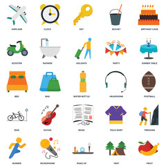 Set Of 25 icons such as Fruit, Tent, Make up, Microphone, Runner, Dinner table, Headphone, Book, Bike, Scooter, Key, Clock icon