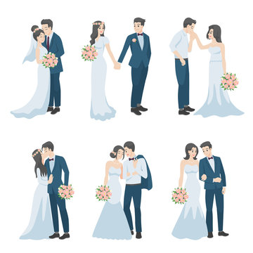 Set of Wedding Couple, couple in love characters cartoon for love valentine's day, holidays, celebrating marriage, romance, hearts, date, sweet, wedding flower, Just married , newlyweds, bride, groom.