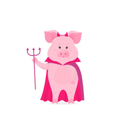 Cute pig in a raincoat and horns imp. Piglet with horns and a trident. Costume for Halloween.