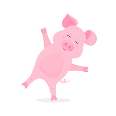 Cute pig doing exercise standing on one leg. Funny piggy vector cartoon character