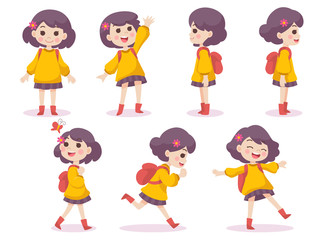 Set of Cute Girl Happy concept Spring season, cartoon character vector in flat design isolated on white background, Character design for Season Story Cartoon.