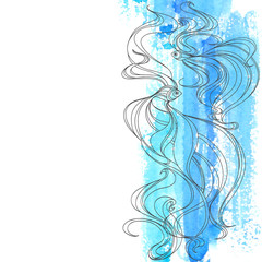Fishes,waves and blue watercolor element on white background with space for text. Can be used creating card or invitation card. Vector illustration.