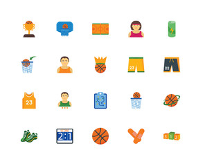 Set Of 20 icons such as Podium, Patch, Basketball, Scoreboard, Sneakers, Energy drink, Shorts, Strategy, Basketball jersey, player, icon pack