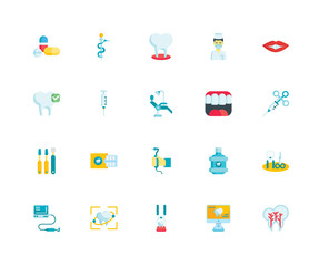 Simple Set of 20 Vector Icon. Contains such Icons as Tooth, Computer, Extraction, Smile, Teeth, Dental drill, Dentist tools, Anesthesia, Tooth. Editable Stroke pixel perfect