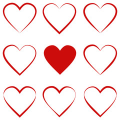 set hearts with calligraphic stroke, symbol of love sign, vector outline heart red, Valentines day holiday