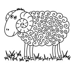 Drawing of cute cartoon horned ram on the white background