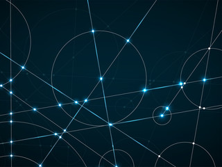 Abstract neon background of engineering drawing. Technological wallpaper made with circles and lines. Geometric design
