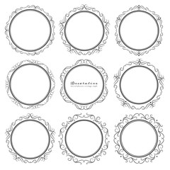 Set of decorative round frames vintage style. Vector illustration.