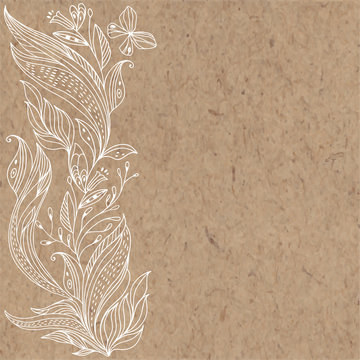 Floral vector background with abstract leaves, flowers and place for text on kraft paper. Invitation, greeting card or an element for your design.