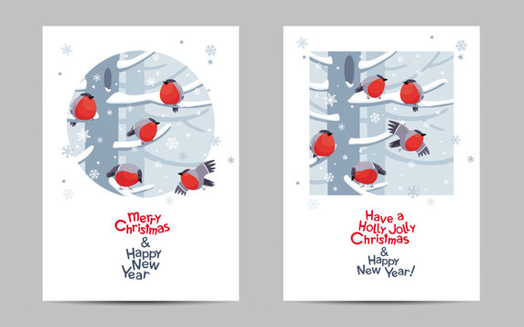 Funny Christmas Bullfinches vector cards