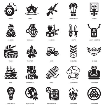 Simple Set of 25 Vector Icon. Contains such Icons as Nuclear, Radioactive, Pollution, Light bulb, Army dog tag, Chevron, Rope, Ship, Soldier, Rifle, Tent. Editable Stroke pixel perfect