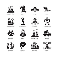 Simple Set of 16 Vector Icon. Contains such Icons as Waste, Satellite dish, Nuclear plant, undefined, Missile, Hazmat, Bomb. Editable Stroke pixel perfect