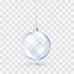 Blue Glass transparent Christmas ball. Xmas glass ball on transparent background. Holiday decoration template. Vector illustration