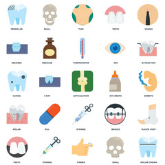 Set Of 25 icons such as Molar crown, Skull, Finger, Syringe, Teeth, Extraction, Eye drops, Molar, Records, Thin, Skull icon