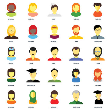 Set Of 25 Icons Such As Graduate, Old Man, Woman, Employee, Hipster, Man, Chef, Woman Icon