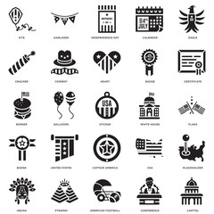 Simple Set of 25 Vector Icon. Contains such Icons as Capitol, Flags, Certificate, Garlands, Indian, Cowboy, Usa, Burger. Editable Stroke pixel perfect