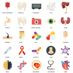 Set Of 25 icons such as Heart, Stethoscope, Cardiogram, Dna, Brain, Kidney, Pill, Antibiotic, Syringe, Stomach, Premolar icon
