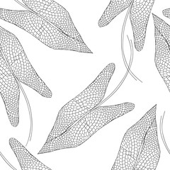 Seamless pattern with abstract leaves on white background. Black and white vector illustration. Outline drawing. Autumn floral background.