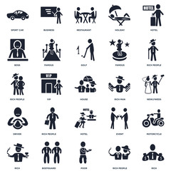 Set Of 25 icons such as Rich, Rich people, Poor, Bodyguard, man, Hotel, Driver, Boss, Restaurant, Business icon