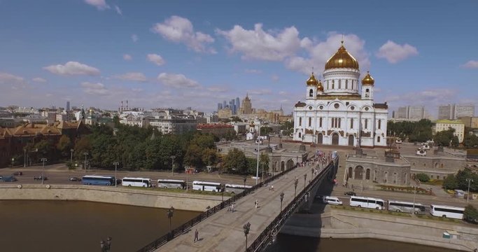 Aerial view of Christ the Saviour Cathedral. Moscow panorama in background 4k
