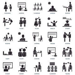 Set Of 25 icons such as Talking, Classroom, Learning, Answer, Student, Teacher, Studying, Sleepy, Fight, Learning icon