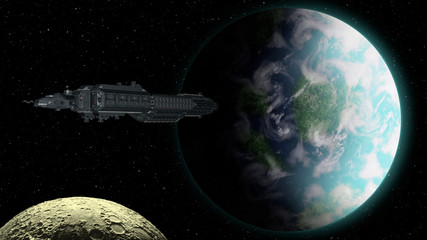 Obraz na płótnie Canvas Spaceship approaching an Earthly planet