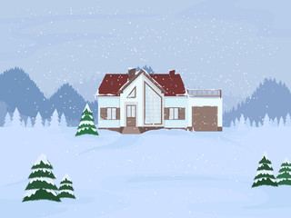 Vector illustration of suburban family house with mansard and firs against the winter landscape background and snowfall.