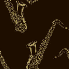 Obraz premium Seamless pattern with golden saxophones on a black background. Vector illustration.