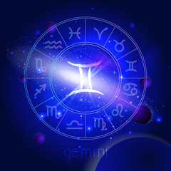 Naklejka na ściany i meble Vector illustration of sign GEMINI with Horoscope circle against the space background.