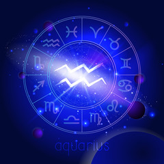 Vector illustration of sign AQUARIUS  with Horoscope circle against the space background.