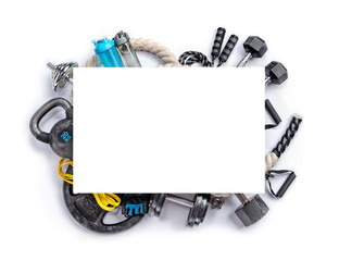 Sports equipment with board for copy space on a white background. Top view. Motivation