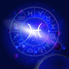 Vector illustration of sign PISCES with Horoscope circle against the space background.