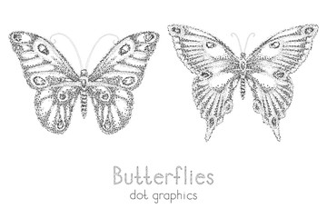 Vector illustration with two black hand drawn butterflies on a white background. Dot graphics.
