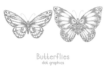Vector illustration with two black hand drawn butterflies on a white background. Dot graphics.