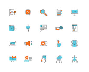 Set Of 20 icons such as Networking, Cloud computing, Social network, Comment, Email, Billboard, Browser, Video player, Laptop, Funnel, Loupe, icon pack