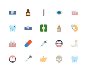 Set Of 20 icons such as Molar crown, Skull, Finger, Syringe, Teeth, Extraction, Eye drops, Molar, X ray, Thermometer, icon pack