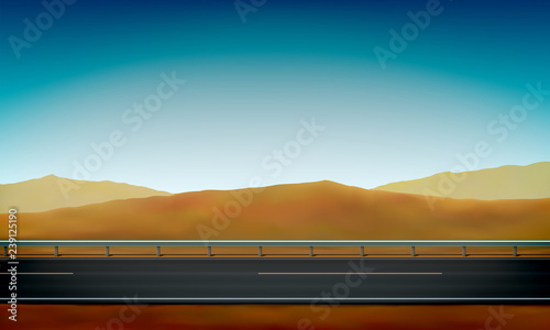 Side View Of A Road With Crash Barrier Roadside Desert Sand Side View Of A Road With Crash Barrier Roadside Desert Sand Dunes And Clear Blue Sky Background Vector Ilration