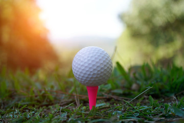 Golf ball on tee in beautiful golf course at sunset background.