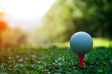 Golf ball on tee in beautiful golf course at sunset background.
