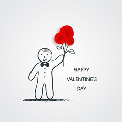 Boy holding bouquet of roses. Valentine's Day card. Doodle. Vector illustration
